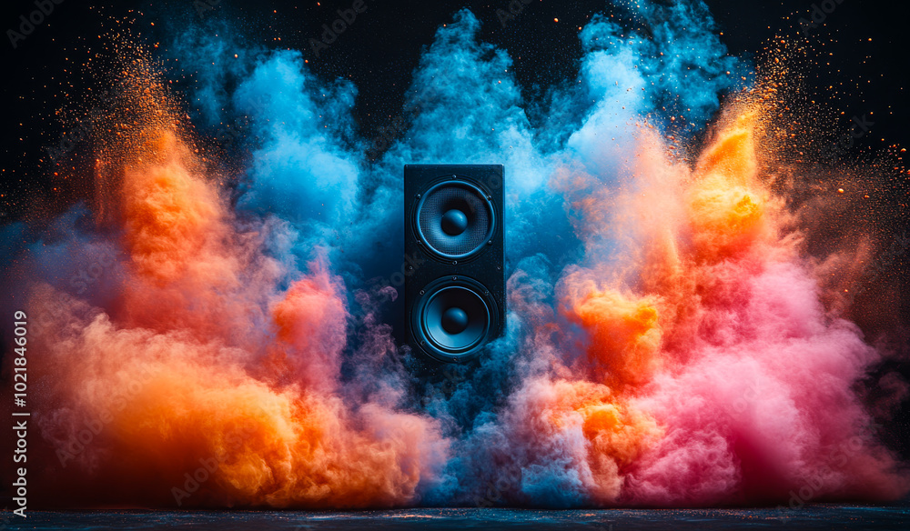 Poster sound waves create colorful smoke effects. a powerful speaker releases sound waves, creating a stunn