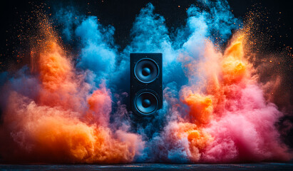 Sound waves create colorful smoke effects. A powerful speaker releases sound waves, creating a stunning visual explosion of colorful smoke, captivating the audience at night.