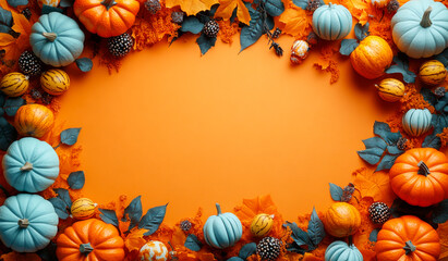 Fototapeta premium Vibrant autumn harvest on orange. An array of vibrant pumpkins and leaves surround a bright orange backdrop, showcasing autumn's rich colors and festive spirit.