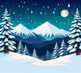 Night landscape illustration scene at forest with full moon and stars flat style landscape. Design for banner, postcard, banner, cover.generative ai	