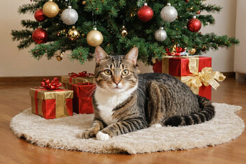 Cat Lying Near Gift Boxes Under The Christmas Tree