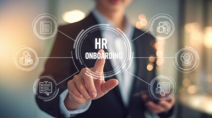 Obraz premium A business professional interacting with a digital interface, focusing on HR onboarding processes with various icons representing key tasks and information.