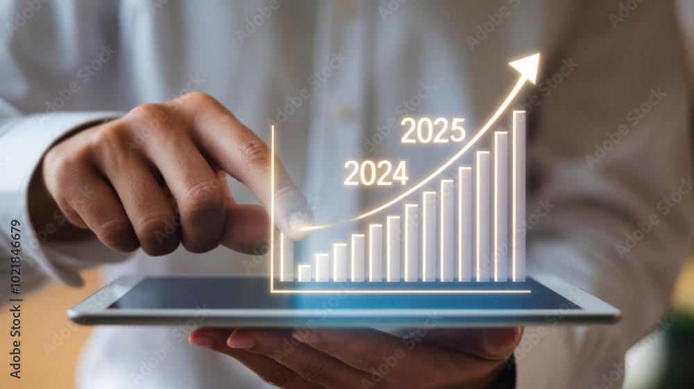 Poster a business professional using a tablet to analyze a growth chart with projected statistics for the y