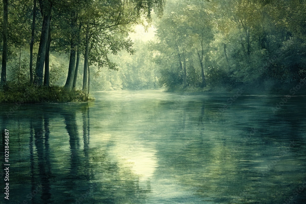 Poster a tranquil river winds through a misty forest, sunlight filtering through the canopy, creating a ser