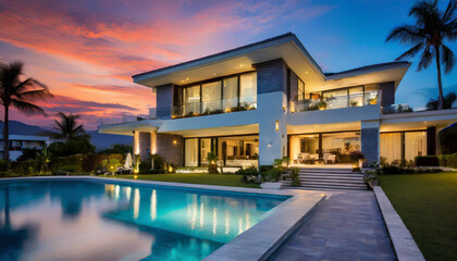 Luxurious modern villa with a swimming pool and sunset background in a tropical paradise