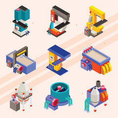 Isometric icons of milling machinery and equipment.