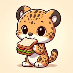 Cute Cheetah Eating Sandwich Cartoon Vector Icon Illustration