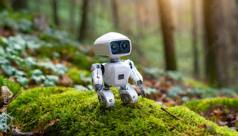 Poster a small robot exploring a lush green forest with moss and trees during a bright day in nature