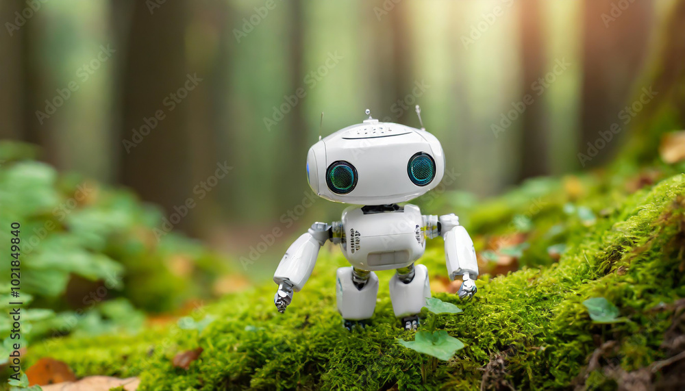 Aufkleber a small robot exploring a lush green forest during a serene afternoon with sunlight filtering throug