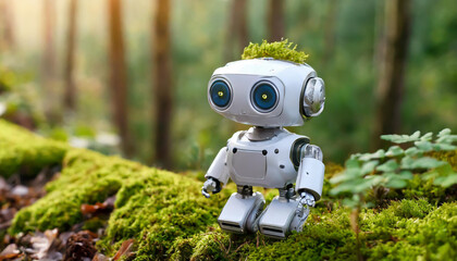 A small robot with big eyes and greenery on its head explores a lush forest during the golden hour, surrounded by moss and trees