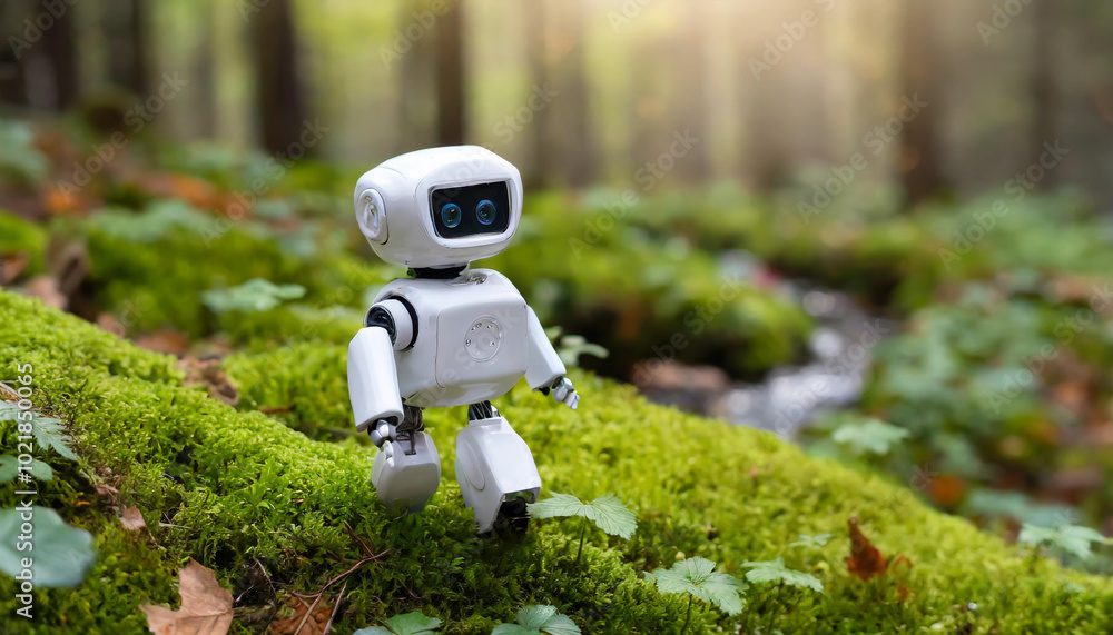 Poster a small robot exploring a lush green forest during a bright sunny day surrounded by trees and a flow