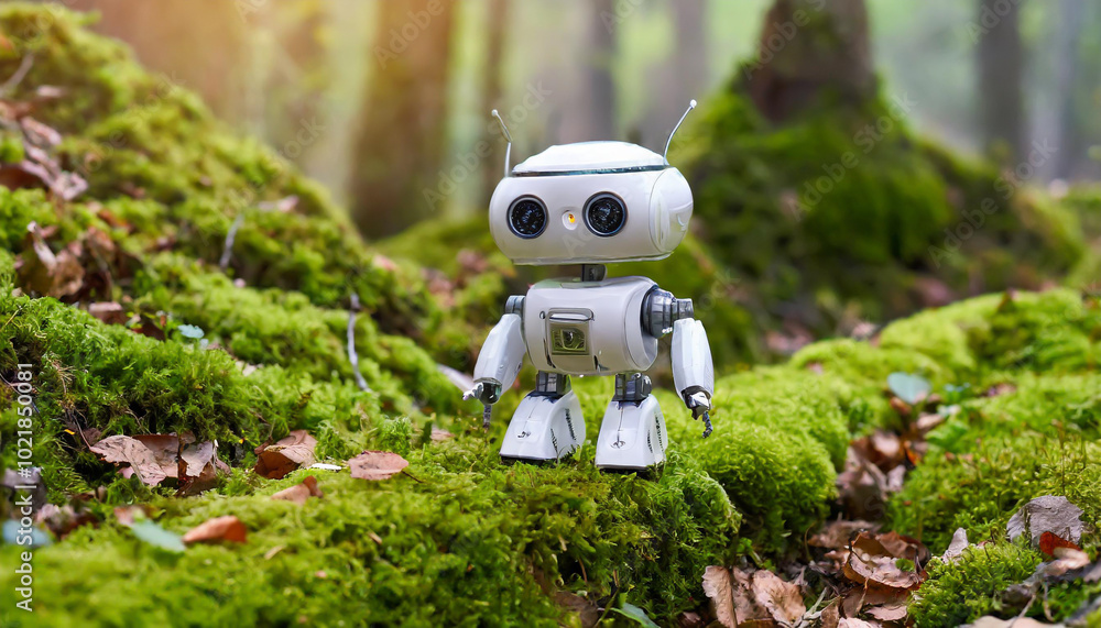 Poster a small robot stands curiously on a moss-covered forest path surrounded by trees and natural light i