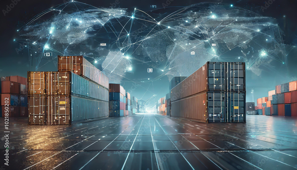 Poster modern cargo containers stacked at a busy shipping port illuminated by digital connections and data 