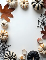 Festive Halloween Background with Decorative Mini Pumpkins, Spiderwebs, Candles, and Autumn Leaves on White