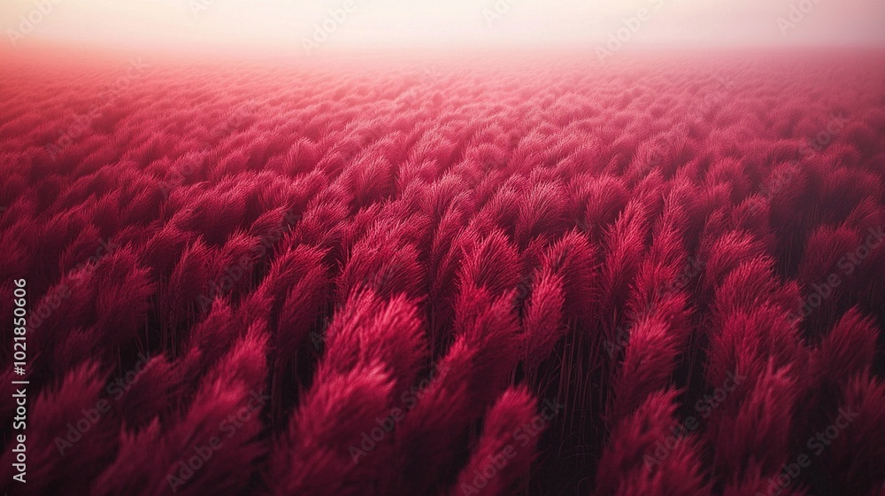 Poster a field of red grass in a foggy day with a reddish sky as the backdrop