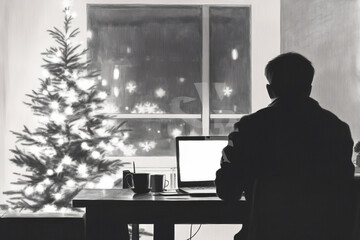 A person working on a laptop while enjoying a cozy winter evening next to a beautifully decorated Christmas tree