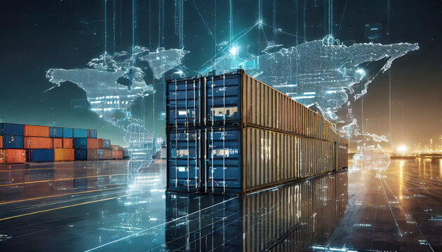Modern shipping containers with digital overlay and global map at a bustling logistics hub during nighttime operations