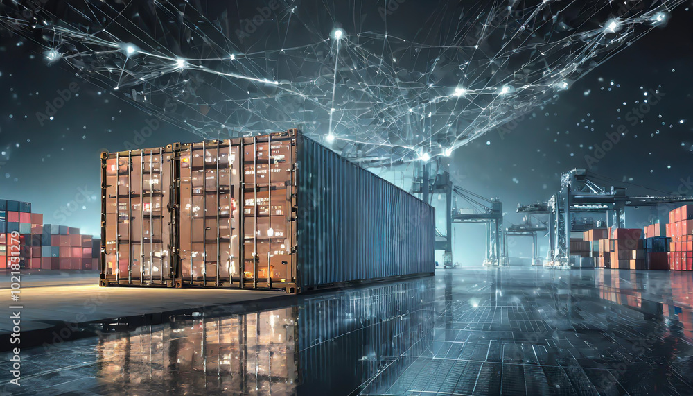 Aufkleber high-tech shipping container illuminated at a bustling maritime port with connected network visuals 