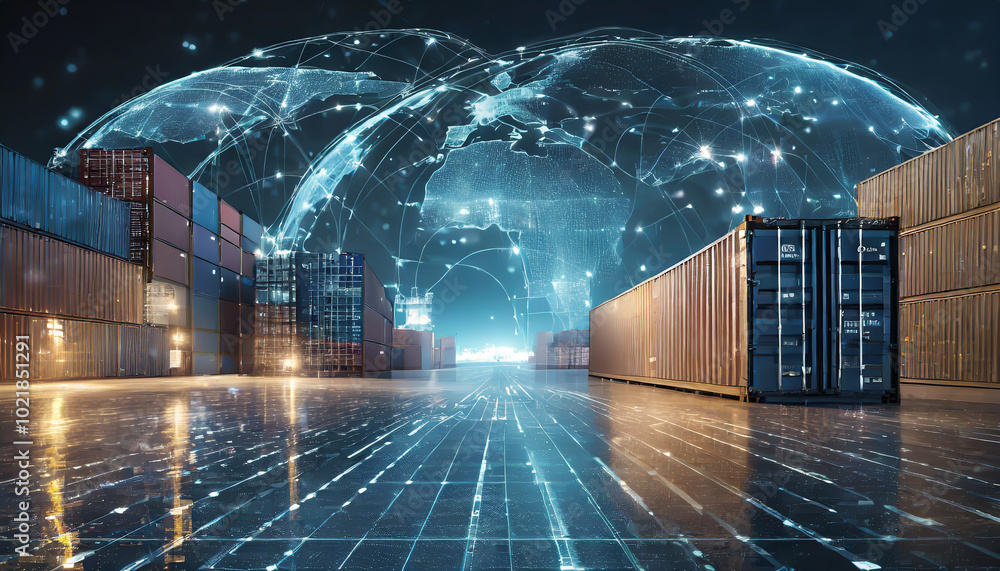 Poster global shipping containers illuminated at night with digital network visualization above in a bustli