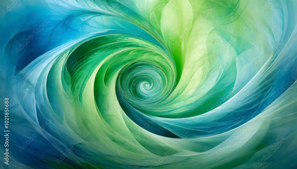 Poster swirling patterns of green and blue create a mesmerizing vortex in a digital artwork depicting fluid