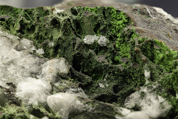 Macro shot revealing the intricate details of a green mineral encrusted with white crystals,...