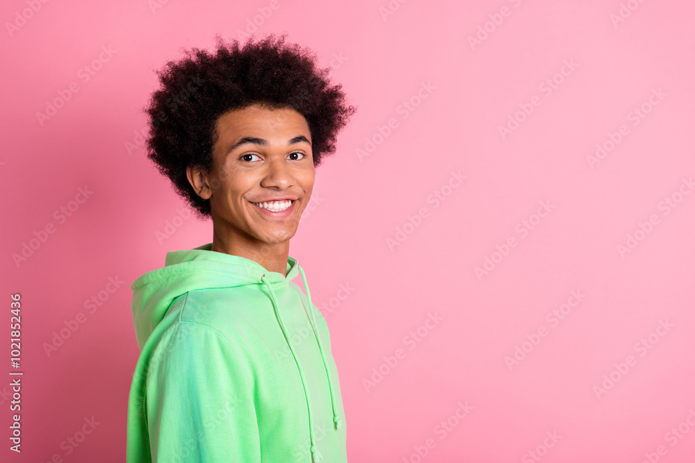 Sticker Profile photo of nice young man empty space wear green hoodie isolared on pink color background