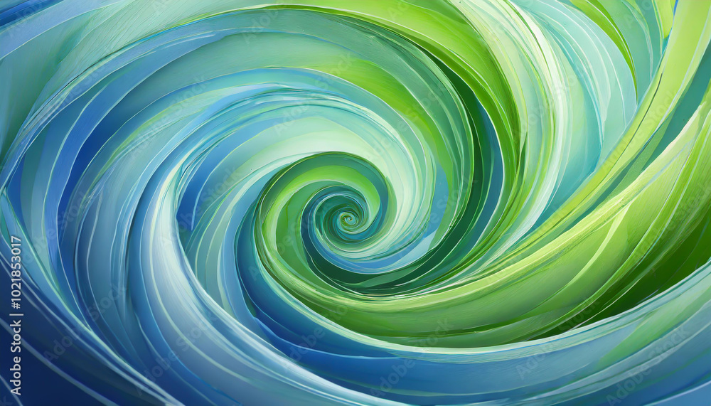 Poster swirling patterns of green and blue layered in a spiral design, creating a vibrant and dynamic compo