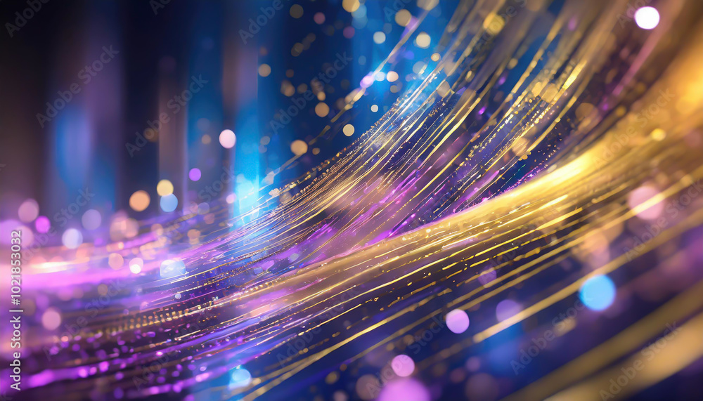 Poster a vibrant abstract pattern of golden and purple light trails against a dark background, creating a d