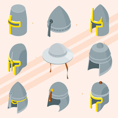 Isometric icons of medieval helmets and hats.