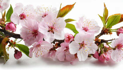 Delicate cherry blossom branch showcasing pink flowers against a bright background in early spring