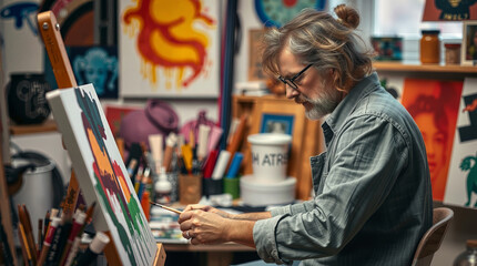 Artistic expression in full bloom as a painter creates vibrant landscapes in a cozy studio filled with creative tools and colors