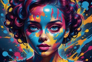 Portrait of a woman with vivid paint splashes and bright colors creating an expressive and dynamic visual effect highlighting artistic creativity, Generative AI.