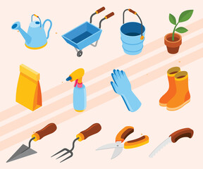 Isometric icons of gardening tools and plants.