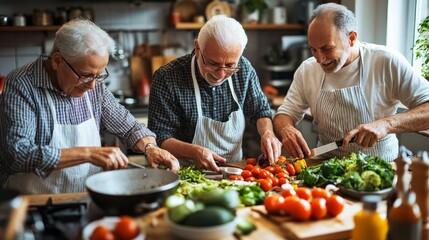 Three senior men in a kitchen, preparing a meal together, chopping vegetables.