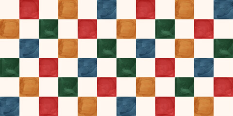 Seamless checkered pattern featuring watercolor-style squares in warm, earthy tones of red, blue, green, and yellow. Ideal for textile design, wallpaper, wrapping paper, and interior decor projects.