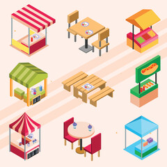 Isometric icons of food court setups and food offerings.