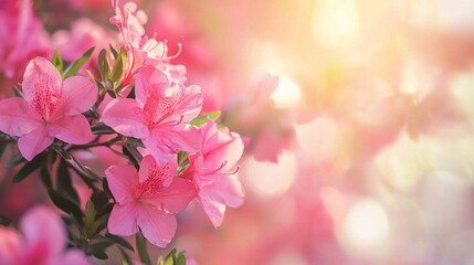   A tree in front of a blurry sun background with pink flowers in bloom