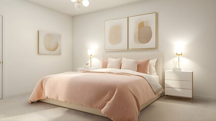 A modern bedroom with a soft peach-colored bed, white walls, and beige carpet. The minimalistic style features gold light accents, white side tables, soft pink pillows, and a white wall-mounted lamp.