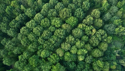 Naklejka premium A top view of a forest filled with green trees; drone view of a vast forest with giant green trees; drone photography; green forest from above looking down