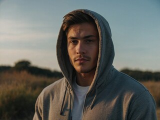 A young man in a hoodie stands confidently outdoors against a backdrop of a serene landscape during golden hour.