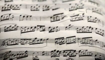 A closeup view of a music sheet with music notes; selective focus; blurred background