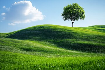 Obraz premium A lone tree stands tall on a grassy hill under a blue sky with a fluffy white cloud.