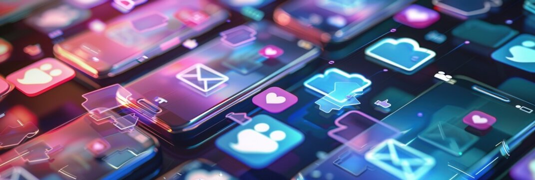 A collection of smartphone screens featuring colorful like and comment icons, representing activity in a lively social media landscape. Generative AI