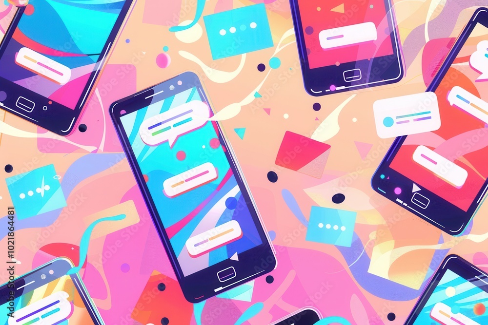 Poster several smartphones are shown with engaging stories and short videos on their screens, surrounded by