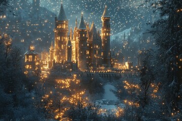 Fototapeta premium A magical fairytale castle sits on a snow-covered hill with twinkling lights against a starry night sky.