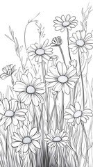 Fototapeta premium Simple Hand Drawn Illustration of Daisies with Black Outline on White Background