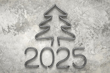 New Year 2025. Numbers and Christmas tree bent from steel rebar sticking out of concrete. Construction concept. 3D rendering