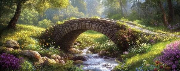 Idyllic countryside scene with a traditional stone bridge over a babbling brook, surrounded by lush greenery and wildflowers