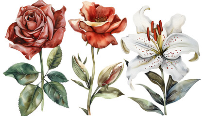 Roses and lilies. Colorful Watercolor summer flowers, leaves isolated background. Watercolor hand drawing Botanical