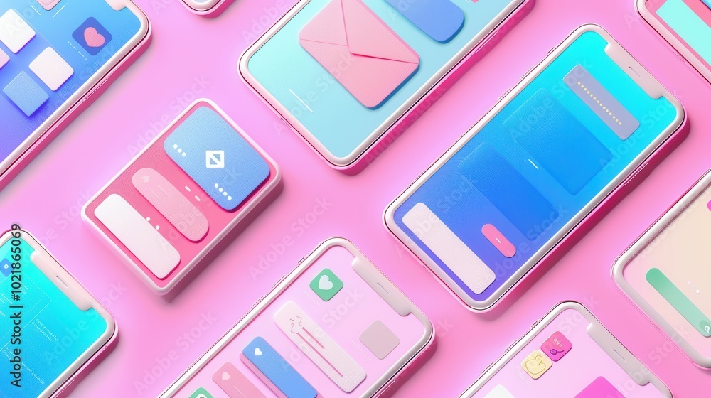 Poster Multiple smartphone screens showcase colorful stories and short clips, engaging users in an interactive digital experience. Generative AI